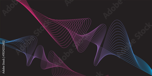 Modern multicolor wave of light is displayed on black background, Abstract wavy lines and neon glow on a black background, soundwave on a dark reflective surface.