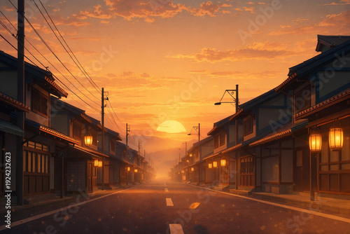 Cinematic Anime Sunset Street in Traditional Japanese Town