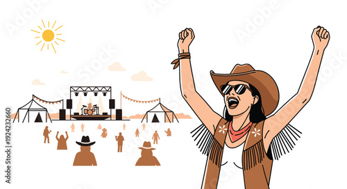 A cheerful woman in a cowboy hat and sunglasses is prominently featured cheering with raised arms, while a music festival with a stage and crowd unfolds in the background under a bright sun.