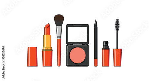 A collection of makeup products including lipstick a brush blush compact eyeliner and mascara are arranged in a row on a white background.
