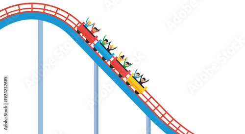 A vibrant rollercoaster with a blue track and red support beams is depicted with four colorful cars, each carrying two excited passengers, descending a steep slope.