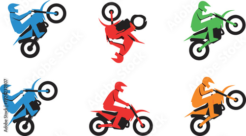 Motocross stunt riders icons set vector illustration with dirt bike tricks jumps silhouettes isolated flat design for extreme sports branding