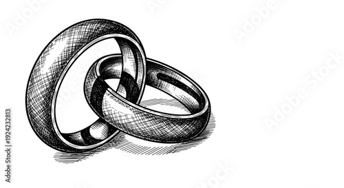 Detailed pencil sketch of two interlocking wedding rings symbolizing eternal love and commitment ceremony