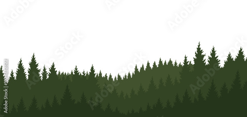 Mountains silhouettes landscape background. Rocky panorama with mountains skyline and pine tree forest. Scenery with slopes, vector cartoon illustration