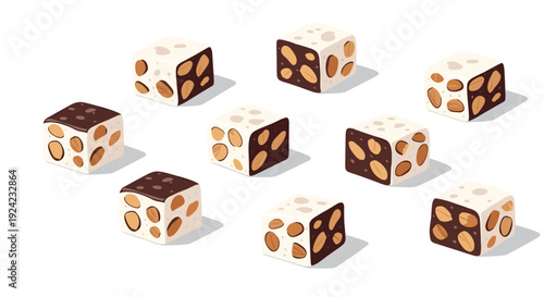 Multiple small cubes of white and dark chocolate nougat with embedded nuts are scattered across a white surface with soft directional shadows.