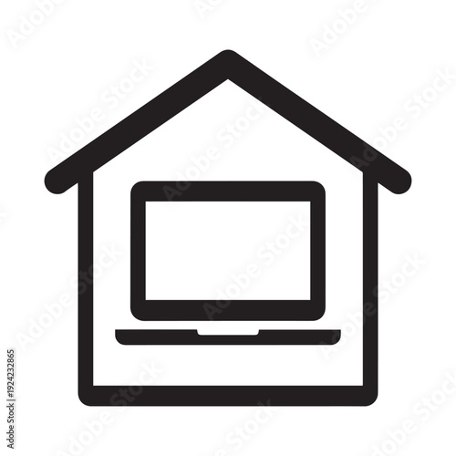 Modern Minimalist Line Art Icon of a Laptop Inside a House Representing Remote Work, Digital Freelancing, Online Education, and Telecommuting.