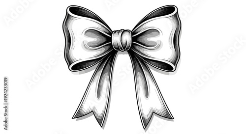 Elegant ribbon bow with glossy finish and curved tails illustrated in classic black and white engraving style