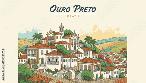Vibrant illustration of Ouro Preto Brazil historic town architecture and landscape.