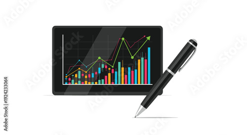 A black digital tablet displaying a colorful financial stock market graph sits behind a black pen resting on a white surface with soft shadows.