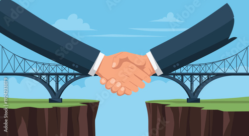 Businessmen shaking hands to form a bridge over a chasm, symbolizing a successful partnership, agreement, and closing a deal through collaboration.