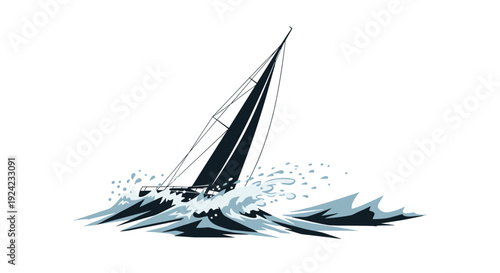 Stylized illustration of a sailboat battling through stormy seas with large crashing waves, symbolizing adventure, challenge, and resilience on the open ocean.