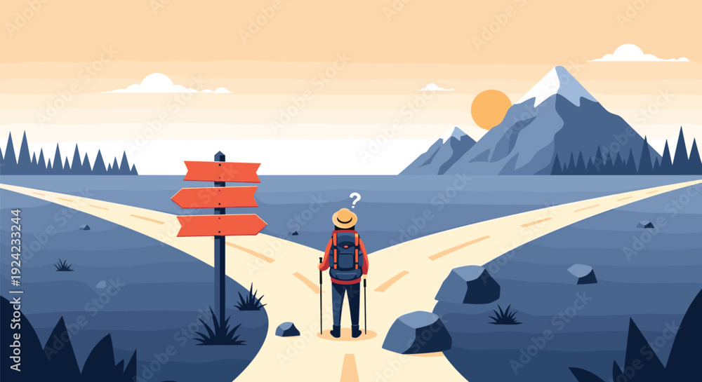 Fototapeta premium Hiker with a backpack stands at a fork in the road with a blank signpost, contemplating which path to take toward the distant mountains at sunrise.