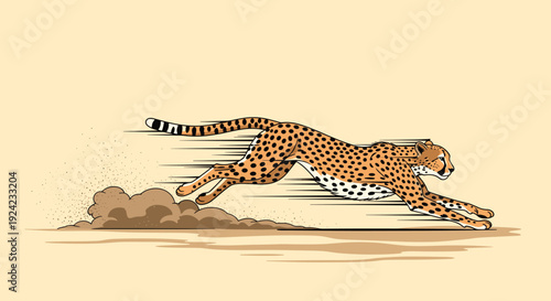 Sleek cheetah sprints across the savanna at full speed, kicking up dust and dirt in a dynamic comic book style illustration with motion lines.