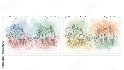 Watercolor illustrations of houses with vibrant color schemes and artistic flair.