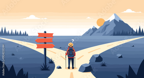 Hiker with a backpack stands at a fork in the road with a blank signpost, contemplating which path to take toward the distant mountains at sunrise.