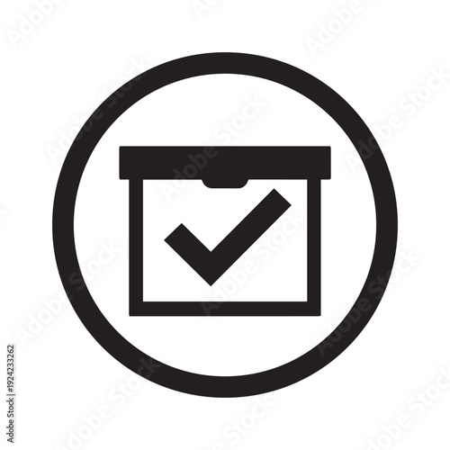 A minimalist black and white circular icon featuring a delivery box with a checkmark, symbolizing successful order fulfillment and delivery.