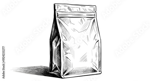 Empty plastic or paper bag packaging for coffee beans or food hand drawn sketch style black white vector art