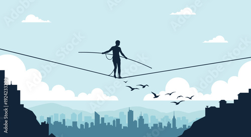 Silhouetted tightrope walker carefully balances with a long pole on a high wire stretched above a sprawling city skyline surrounded by clouds and birds.