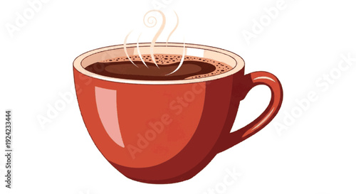 Vibrant red mug with a steaming hot dark beverage, perfect for a comforting moment or a refreshing start to the day. An illustration evoking warmth and delicious flavor