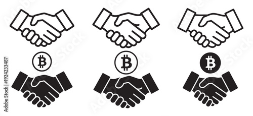 Cryptocurrency business agreement handshake with bitcoin symbol. vector illustration eps 10
