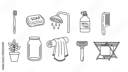 Bathroom Essentials Line Art: A collection of minimalist line art icons, each representing a quintessential bathroom item, creating a sense of cleanliness, organization, and simplicity.