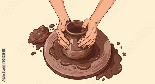 Top-down view of a potter's hands skillfully shaping a wet brown clay pot on a spinning pottery wheel illustration.