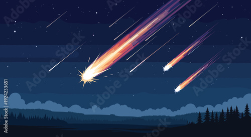 Fiery meteors streak across the starry night sky during a dramatic meteor shower above a dark forest landscape.
