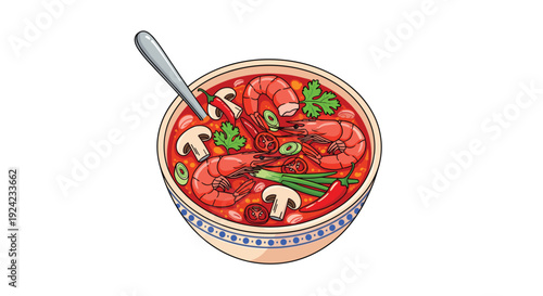 A detailed illustration of a patterned bowl filled with red shrimp soup containing mushrooms and green vegetables with a silver spoon inside.