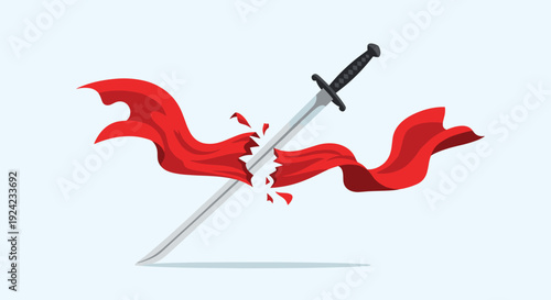 Sharp steel sword with a black hilt cleanly slices through a flowing red ribbon in a symbolic cutting motion illustration.