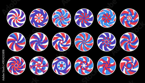 Collection of colorful lollipops with swirly patterns on a black background.