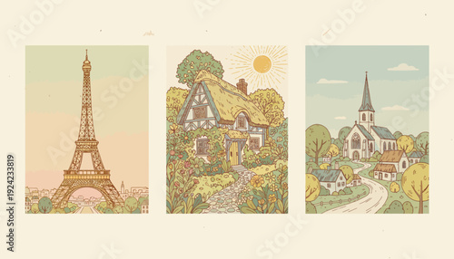 French Landmarks and Countryside Scenes in Watercolor Style.