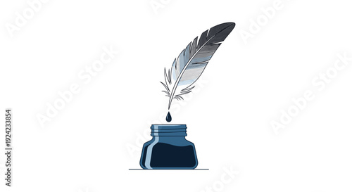 A vertical illustration of a grey feather quill pen hovering over a dark blue inkwell with a single drop of ink falling down.