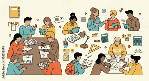 Diverse group of students engaged in various learning activities, including group study sessions, individual reading, and collaborative projects using tablets and textbooks.