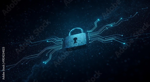 Digital padlock symbol integrated with futuristic circuit board design representing cyber security and data protection