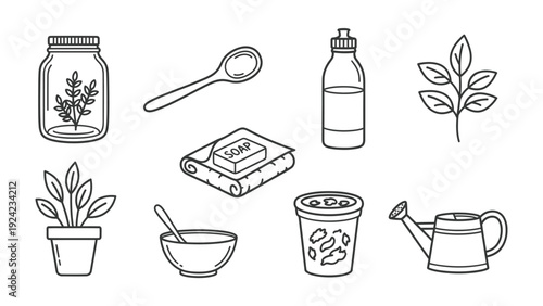 Gardening Essentials Illustrated: A collection of simple line illustrations showcases essential gardening tools, plants and nurturing items, offering a charming visual guide.