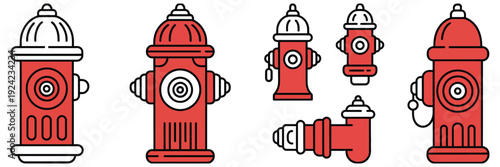 Set of fire hydrant icons, vector illustrations featuring fire hydrant silhouettes, water hydrant symbols, representing firefighting, emergency services, public safety, and professional digital 