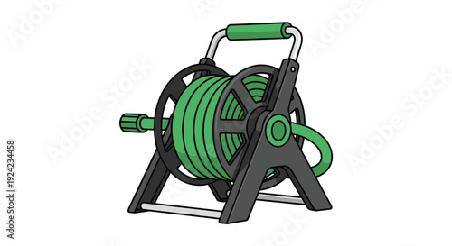 A green garden hose wound around a black and grey reel stand with a top handle and a side nozzle on a white background.