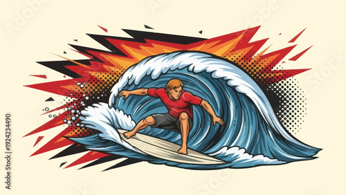 Canvastavla Surfer riding ocean wave vector illustration for recreational sports design