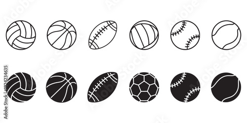 Sports Ball Icons Set - Outline and Solid Vector Pack for Web Design