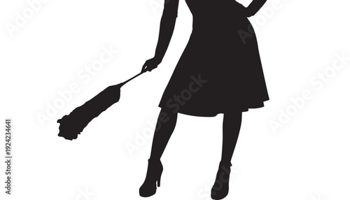 Woman silhouette holding feather duster in hand, maid or housekeeper cleaning pose, black flat vector style figure isolated on white background for domestic service concept