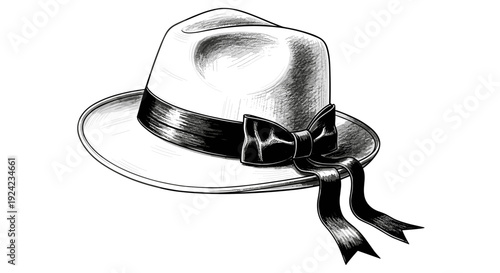 Fedora hat sketch vector illustration in black and white classic style with bow and ribbon details