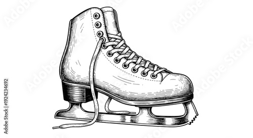 Figure skating boot illustration, detailed black and white drawing of ice skate for winter sports and active lifestyle