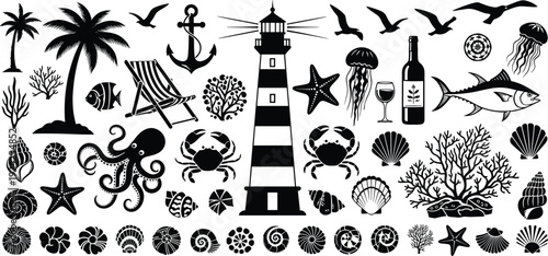 Nautical sea life collection, cad drawing flat vector illustration, lighthouse, anchor, octopus, jellyfish, tropical palm tree, shells, starfish, and crab silhouettes.