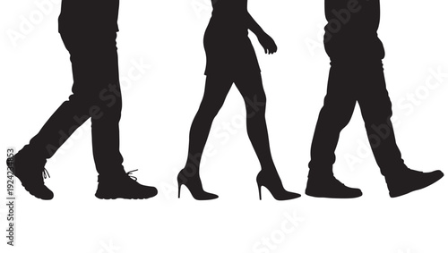 People walking silhouette set with three different leg poses, male and female figures in boots and high heels, side view isolated on white background featuring human legs, pedestrian, footsteps with