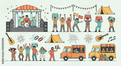 Vibrant collection of flat design illustrations capturing the lively atmosphere of an outdoor music festival, including a band, cheering crowd, and food trucks.