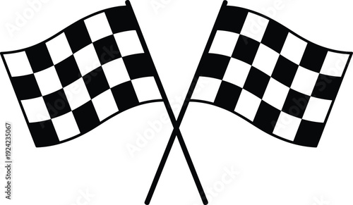 Crossed checkered racing flags silhouette isolated on white background, black and white motorsport finish line symbol, speed competition icon for race event branding