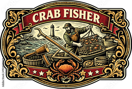 Crab Fisher Vintage Coastal Seafood Badge EPS