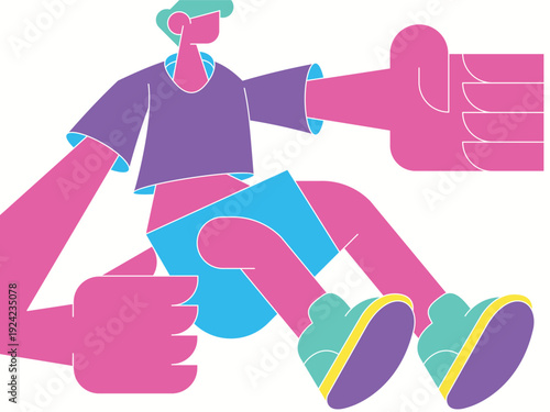 Abstract cartoon illustration of stylized figure in purple shirt, blue shorts, and green shoes lifted by oversized pink hands, modern design symbolizing support, help, and community.
