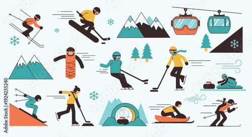 Collection of flat design icons depicting people participating in various exciting winter sports and recreational activities.