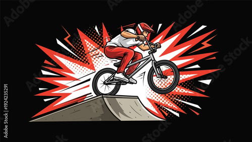 Bmx rider performing stunt on ramp illustration against black background